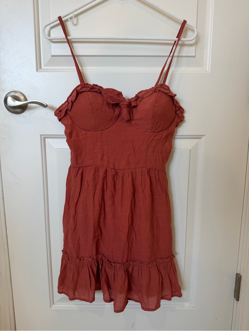 A.U.W. Terracotta Ruched Mini Dress with Tie Front & Ruffle